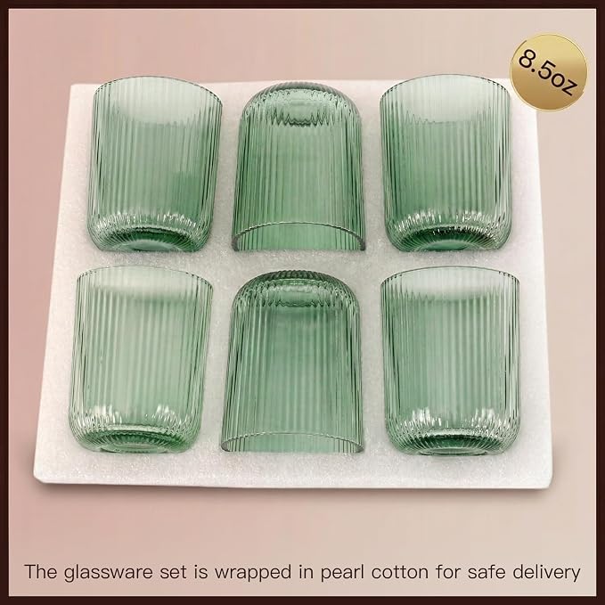 Green Ribbed Highball Glasses Set of 6, 8.5oz Sage Green Vintage Glassware - Image 7