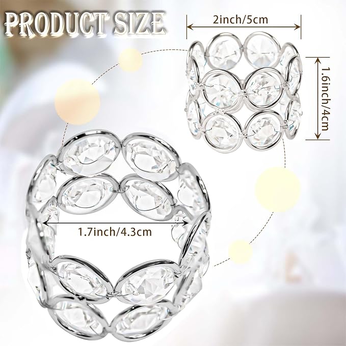 Crystal Metal Napkin Rings Set, Elegant Wedding/Party Table Decor, Shiny - Image 2