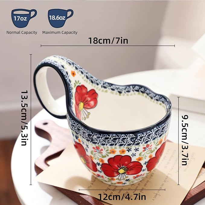 ALMA Soup Bowl With Handle, 16oz Handpainted Floral Soup Mug Microwave Safe | - Image 8