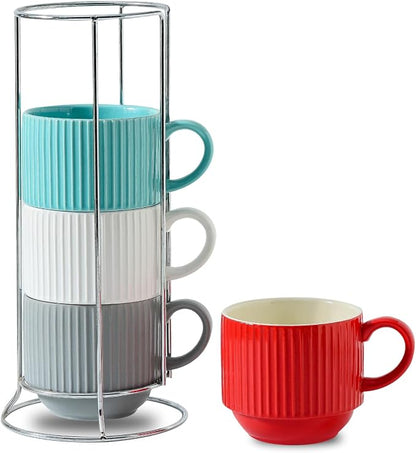 HASENSE Ceramic Coffee Mug Set of 4 - 15 oz Stacking Ribbed Latte Cups Set by Hasense