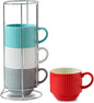 HASENSE Ceramic Coffee Mug Set of 4 - 15 oz Stacking Ribbed Latte Cups Set by Hasense