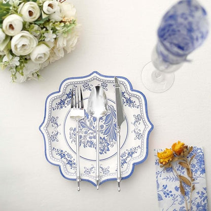 50 Pack 8" Light Blue French Toile Dessert Plates, Disposable Round Paper Floral Pattern Appetizer Salad Plates 300 GSM for Party Decoration