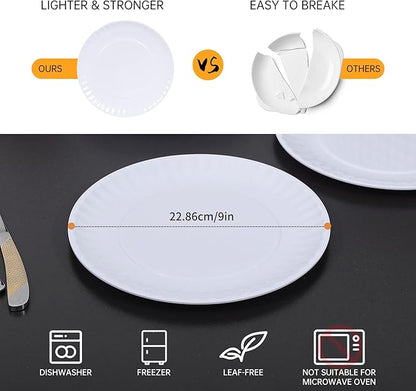 White Melamine Dinner Plates Set of 12, 9 Inch Lace Dish Set, Lightweight Round Tableware Plates, Scratch Resistant Kitchen Serving Dishes for Salad, Pasta, Dessert