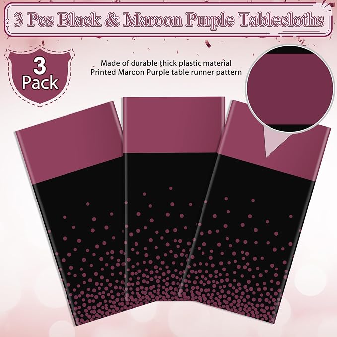 3Pcs Black and Maroon Purple Tablecloth Party Decorations, Plastic Black Table - Image 4