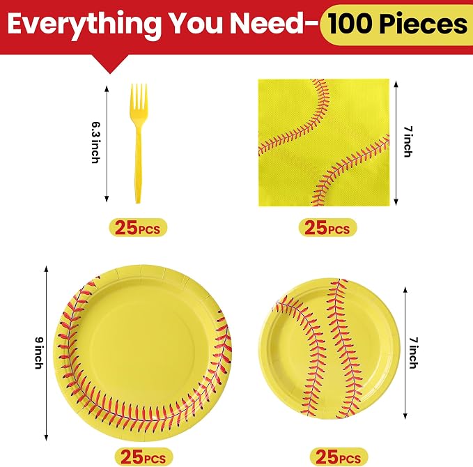 100 Pcs Disposable Softball Party Tableware Set - Image 2