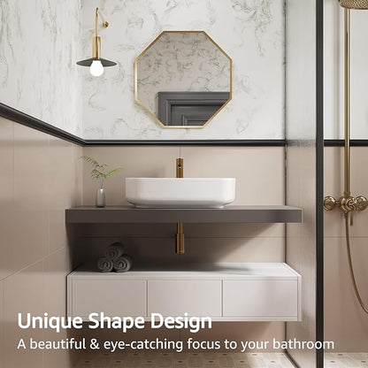 ELLAI Bathroom Vessel Sink Rectangle Above Counter Porcelain Ceramic Top Mount Rectanglar Countertop Sink for Bathroom 19.7"x15.2"x5.4" Glossy White with Pop Up Drain
