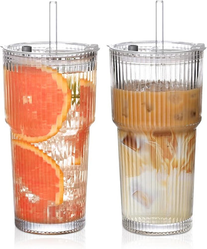 20oz Ribbed Glass Cups with Lids and Straws, Iced Coffee Cups Drinking Glasses by AUFXKOO