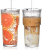 20oz Ribbed Glass Cups with Lids and Straws, Iced Coffee Cups Drinking Glasses by AUFXKOO