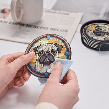 Drink Coaster Set of 6, Pug Dog Mom Lover Gift,Leather Drink Coasters with Holder,6 Pack Cup/Bar/Drink Coasters for Table/Drinks/Coffee Protection Housewarming Gift