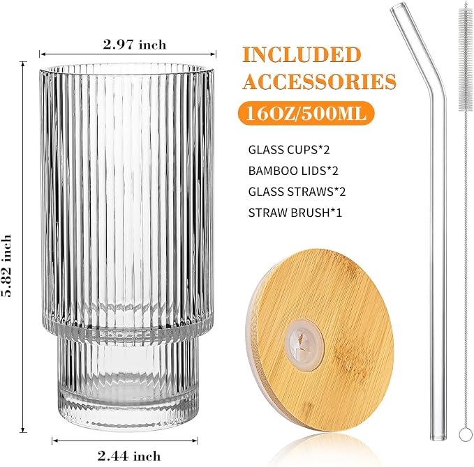 16oz Glass Cups with Lids & Straws - Image 2