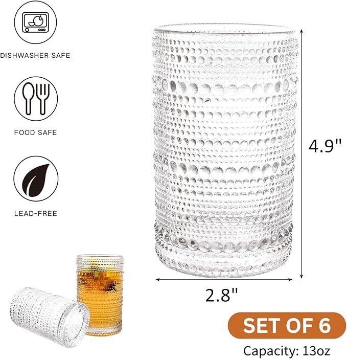 ZOOFOX Set of 6 Vintage Drinking Glasses, 13 oz Clear Hobnail Glasses Tumbler - Image 2