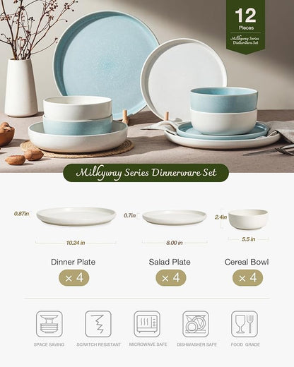 Famiware Milkyway 12-Piece Dinnerware Set, Matte Beige White & Light Blue | - Image 2