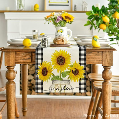 Artoid Mode Buffalo Plaid Sunflower Vase Sunshine Summer Table Runner, Spring - Image 2