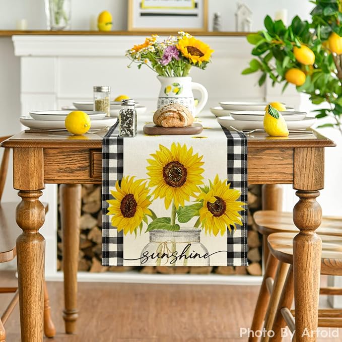 Artoid Mode Buffalo Plaid Sunflower Sunshine Vase Summer Table Runner, Spring - Image 2