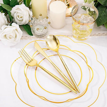 EI 180pcs Clear Plastic Plates with Gold Plastic Silverware, Plate for Party,Clear Dinnerware Set,Heavy Duty Plate for Wedding,Afternoon Tea,Spring,Mother's Day,Valentine's Day,Easter