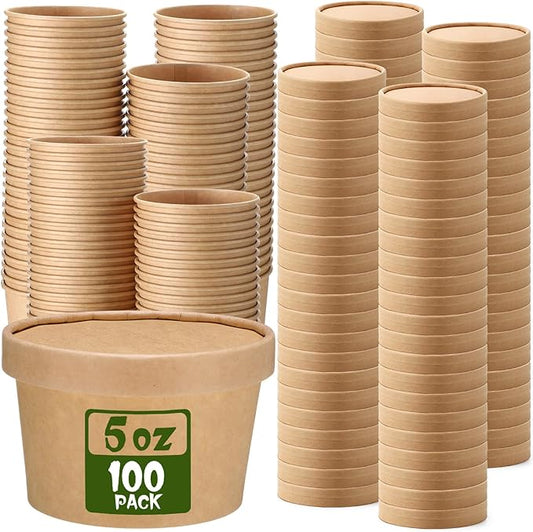 Fulmoon 100 Pack Paper Soup Containers with Lids Disposable Paper Food Containers with Vented Lid Kraft Ice Cream Cake Dessert Cups Soup Bowl for Party Hot Food Fruit Microwave(5 oz,Brown)