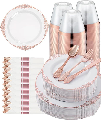 Goodluck 350 Piece Rose Gold Plastic Dinnerware Set for 50 Guests,Fancy Disposable Plates,Include: 100 Rose Gold Rim Plastic Plates,150 Silverwares,50 Pre Rolled Napkins,50 Cups for Party,Wedding