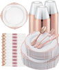 Goodluck 350 Piece Rose Gold Plastic Dinnerware Set for 50 Guests,Fancy Disposable Plates,Include: 100 Rose Gold Rim Plastic Plates,150 Silverwares,50 Pre Rolled Napkins,50 Cups for Party,Wedding
