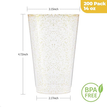 Goodluck 14 oz 200 PCS Gold Glitter Plastic Cups, Disposable Glitter Cups, Elegant Plastic Cocktail Glasses, Fancy Party Cups for Wedding, Birthday, Holiday