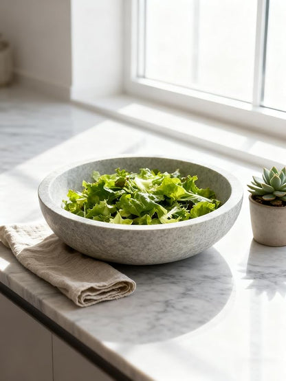 White Travertine Bowl, 7.8" Natural Stone Centerpiece for Minimalist Home Decor, Handmade Spa Style Fruit Bowl, Zen Meditation Bowl, Pure Tabletop Sculpture