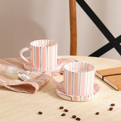 Hand-Painted Ceramic Coffee Mug and Saucer Set, 8 oz Artisan Striped Porcelain - Image 2