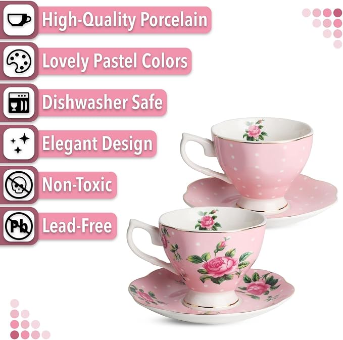 BTaT- Floral Tea Cups and Saucers, 8 oz, Fine Porcelain Teacup Set - Image 4