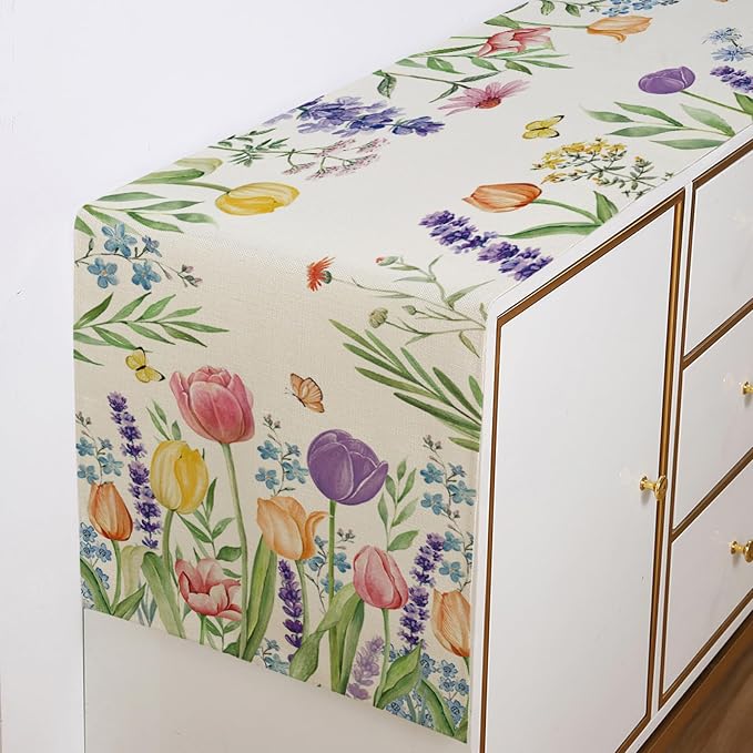 Spring Floral Table Runner Decorations, Tulip and Lavender Farmhouse Table Scarf - Image 5