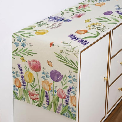 Spring Floral Table Runner Decorations, Tulip and Lavender Farmhouse Table Scarf - Image 5