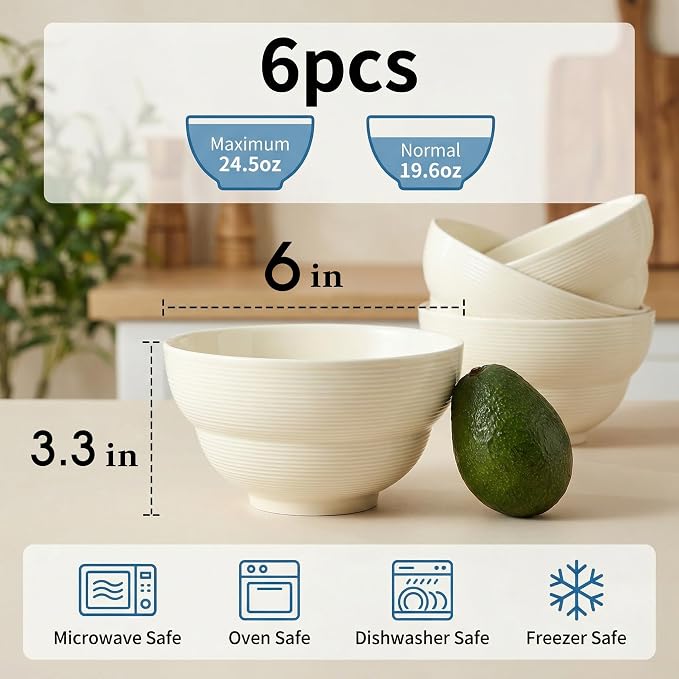 Ceramic Cereal Bowls Set of 6, 24.5 oz Soup Bowls, 6 Inch | Stackable ceramic - Image 2