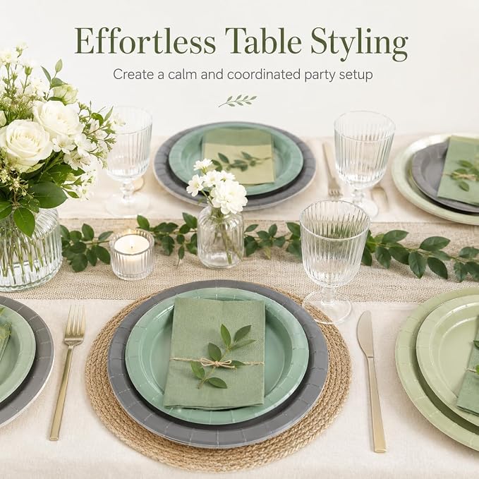 Sage Green and Beige Party Supplies, Disposable Dinner Plates, Dessert Plates - Image 2