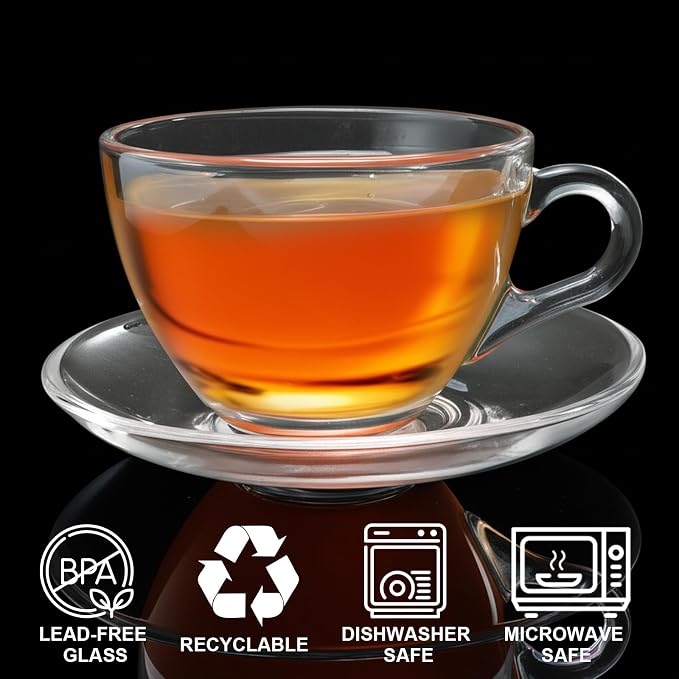 Tosnail 6 Pack 7-Ounce Glass Tea Cups and Saucers Sets Glass Coffee Mugs - Image 4