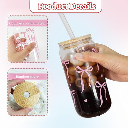 Mason Life Coquette Pink Glass Cups 18OZ Cute Bow Tumbler Glass Cup with Keychain and Straw Cover Valentines Day Galentines Gift for Iced Coffee Smoothie Cocktail Matcha Teen Girls Preppy Stuff