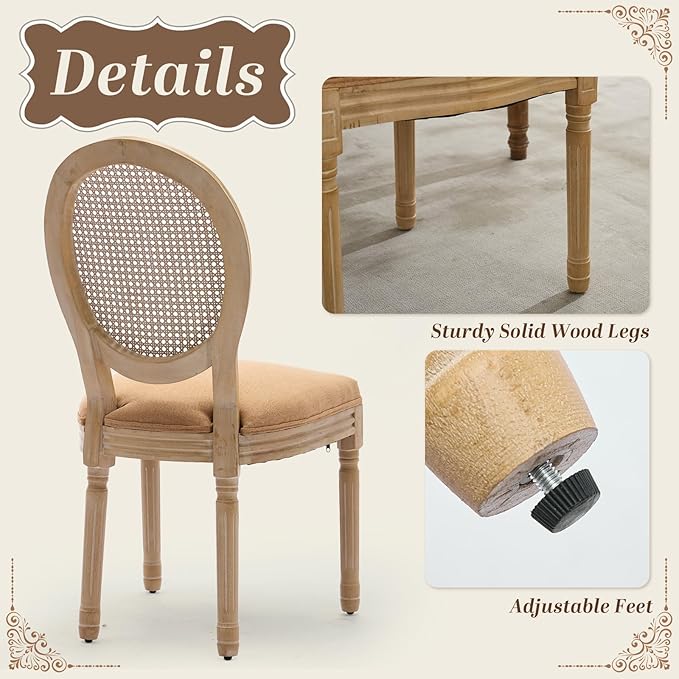 SoarFlash French Dining Chairs Set of 4, Vantage Dining Chair with Round Back, Wood Leg Farmhouse Country Rattan Dining Chair for Kitchen,Bedroom,Brown