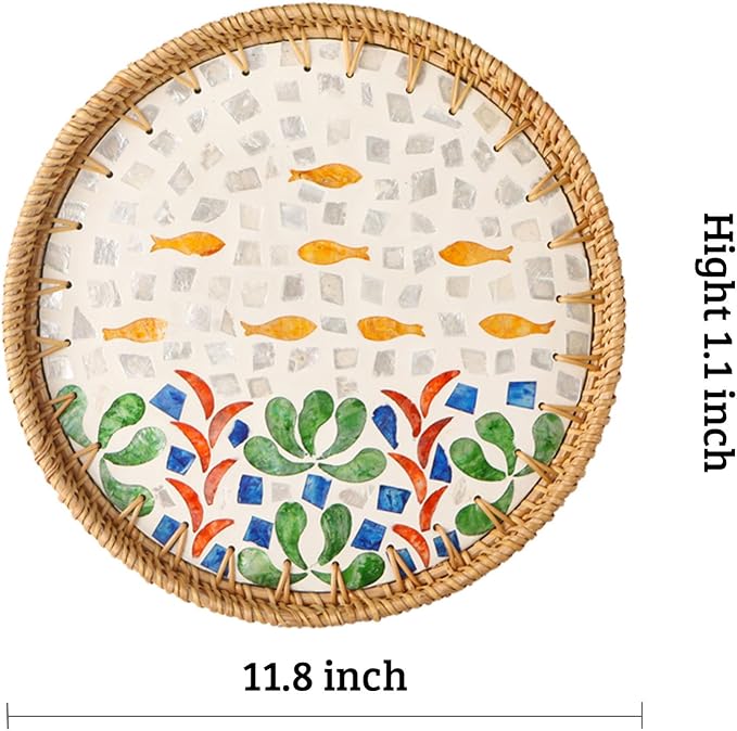 Round Rattan Tray with Mother of Pearl Inlay, Decorative Wicker Serving Tray - Image 3