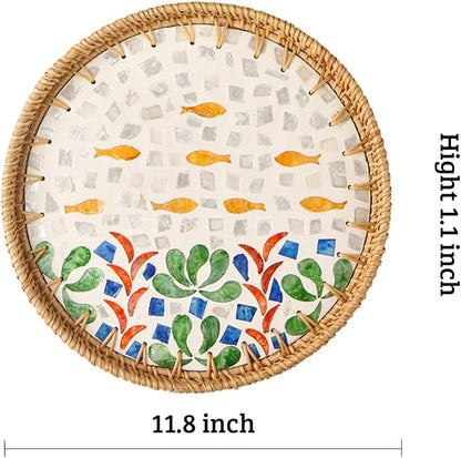 Round Rattan Tray with Mother of Pearl Inlay, Decorative Wicker Serving Tray - Image 3
