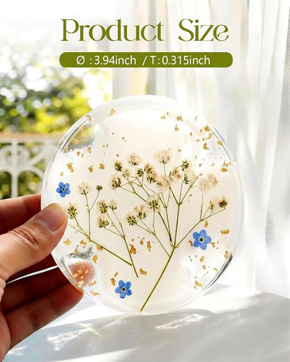 Oqplog Resin Drink Coasters for Desk Coffee Table- Elegant White Floral Dried - Image 2