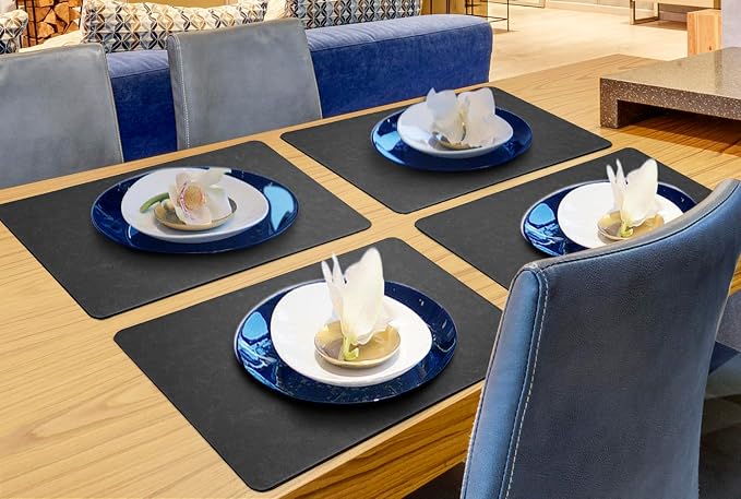 Classic Black Leather Effect Placemats Set of 6, Vinyl Faux Leather Table mats - Image 2