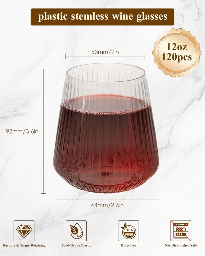 Goodluck 120 Pack 12oz Stemless Clear Plastic Wine Glasses | Clear Ribbed Cups - Image 3