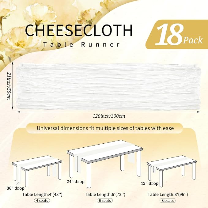 18 Pack Cheesecloth Table Runner 10FT Ivory White Table Runner Boho Gauze - Image 2