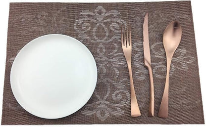 Gugrida Luxury Coffee Placemats Set of 6 Crossweave Woven Vinyl Placemat for Dining Table Heat Resistant Non-Slip Kitchen Table Mats Easy to Clean
