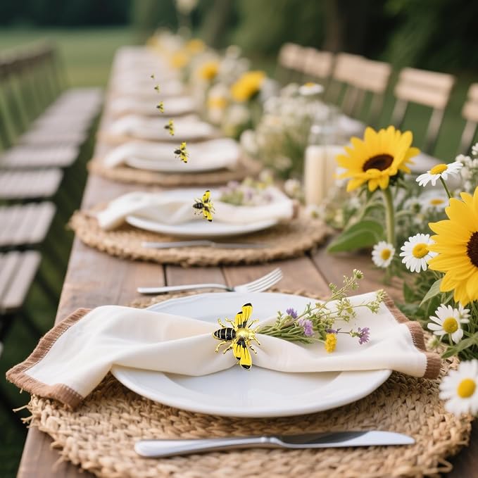 Bee Napkin Rings Set of 12 Glossy Yellow Honeybee Napkin Holders - Image 6