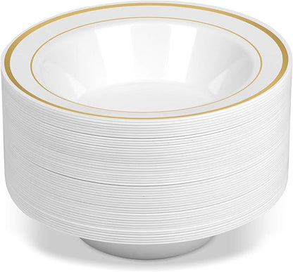 100 Disposable White Gold Trim Plastic Soup Bowls | 14 oz. Premium Heavy Duty Disposable Dinnerware with Real China Design | Safe & Reusable and Great for Parties or Weddings. (50-Pack) Gold