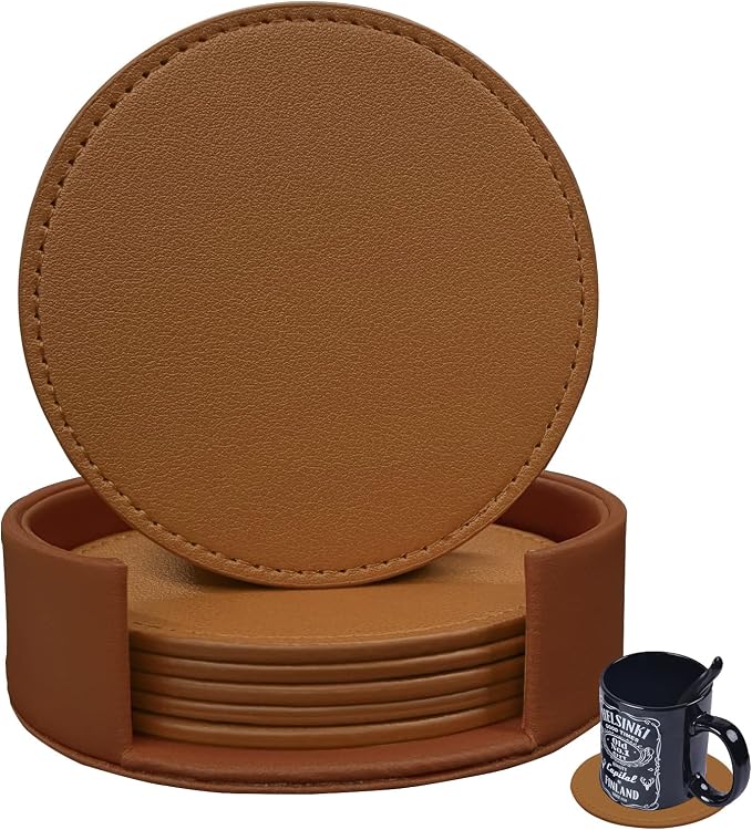 Coasters Set of 6 Soft Leather Drink Coaster Round Coaster by KEMMPER