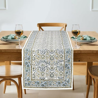 Indigo Floral Hand Block Print 100% Cotton Reusable Table Runner 16" X 90" by Ridhi