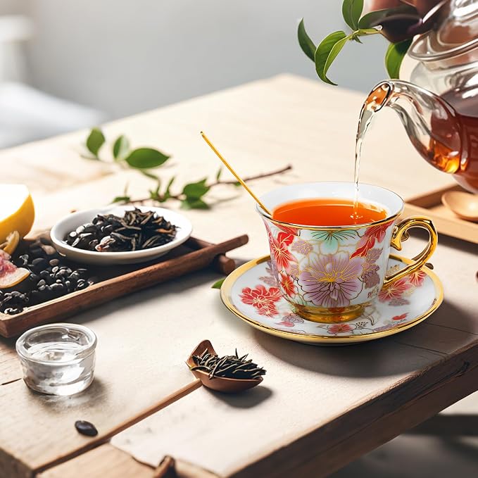 Tea Cups and Saucers Set of 6, 8 OZ Ceramic Tea Cups - Image 4