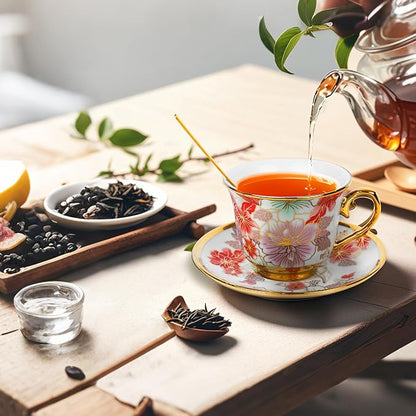 Tea Cups and Saucers Set of 6, 8 OZ Ceramic Tea Cups - Image 4