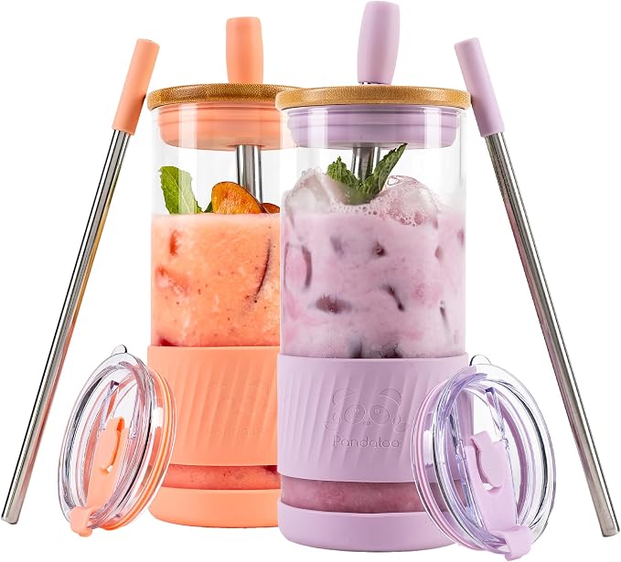 Pandaloo® Glass Cups With Lids and Straws -20 Fl Oz- Perfect Size Iced Coffee by Pandaloo