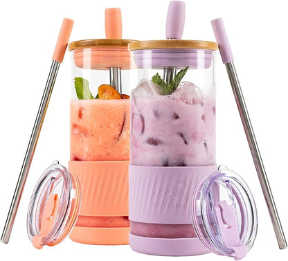 Pandaloo® Glass Cups With Lids and Straws -20 Fl Oz- Perfect Size Iced Coffee by Pandaloo