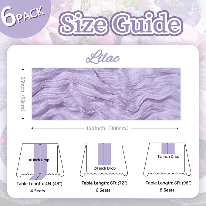 6 Pack Lilac Purple Cheesecloth Table Runner 35 x 120 Inch | Boho Gauze Cheese - Image 2
