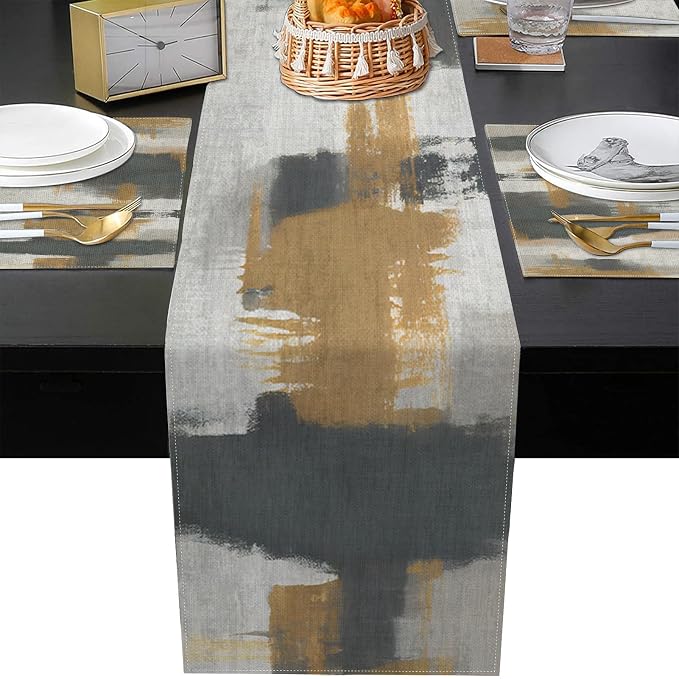 Emvency Table Runner and Placemats Set of 6, Abstract Vintage Gray | Brown Art - Image 3